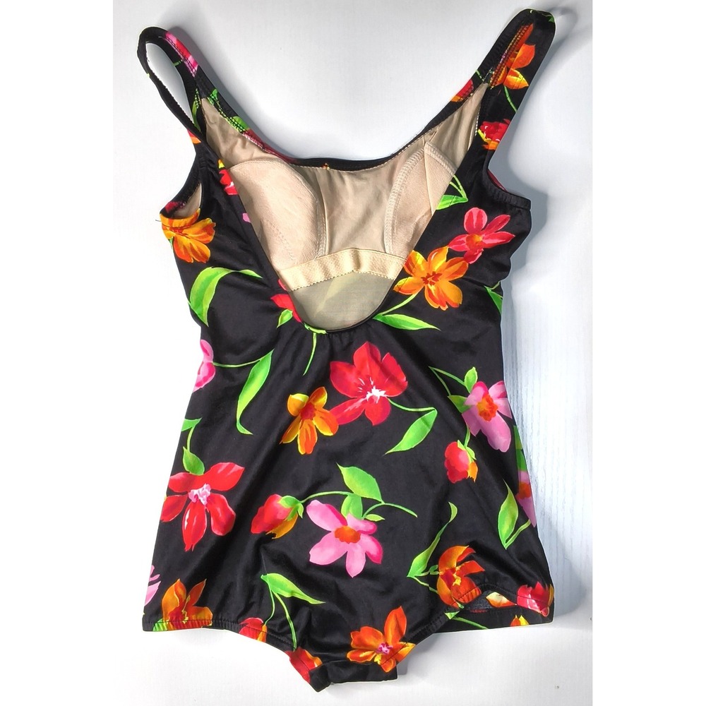 Beach Cabana Swimsuit Womens Medium Black‎ Floral Scoop Neck Vintage - Picture 2 of 12